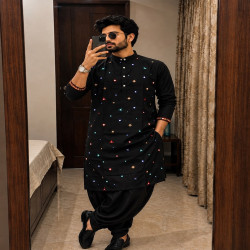 Men’s Navratri Embroidered Flex Cotton Kurta Dhoti Set with Mirror Work